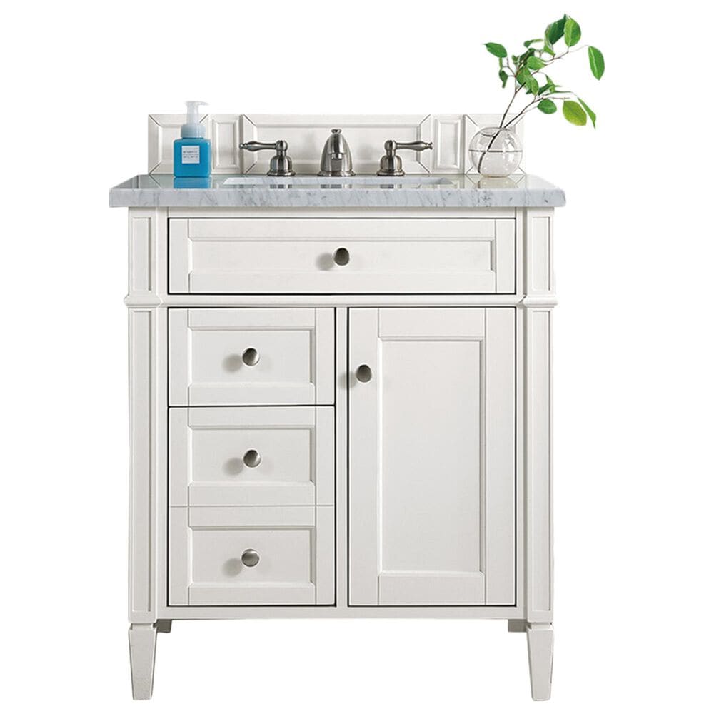 James Martin Vanities Brittany 30" Single Bathroom Vanity in Bright White with 3 cm Carrara White Marble Top and Rectangle Sink, , large