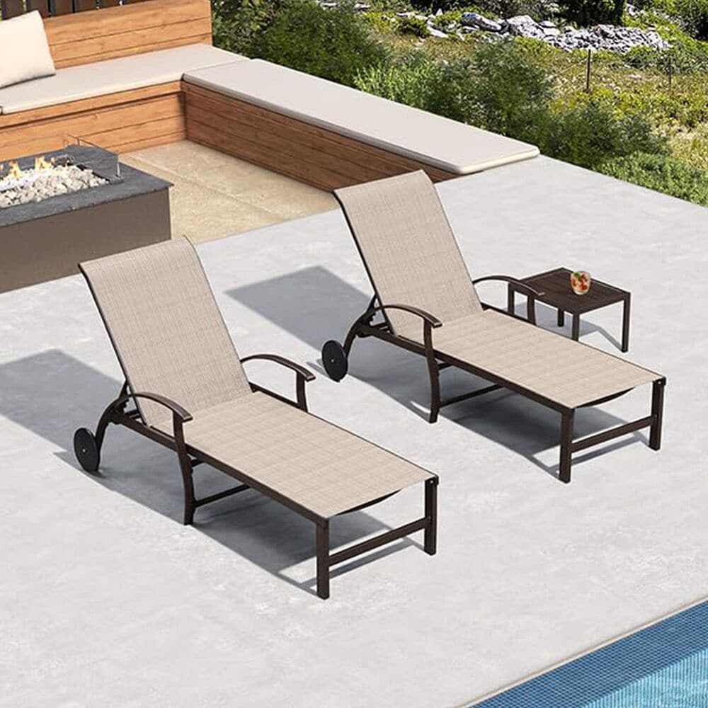 HOMLUX 3-Piece Patio Chaise Lounge Set with Wheels in Khaki, , large