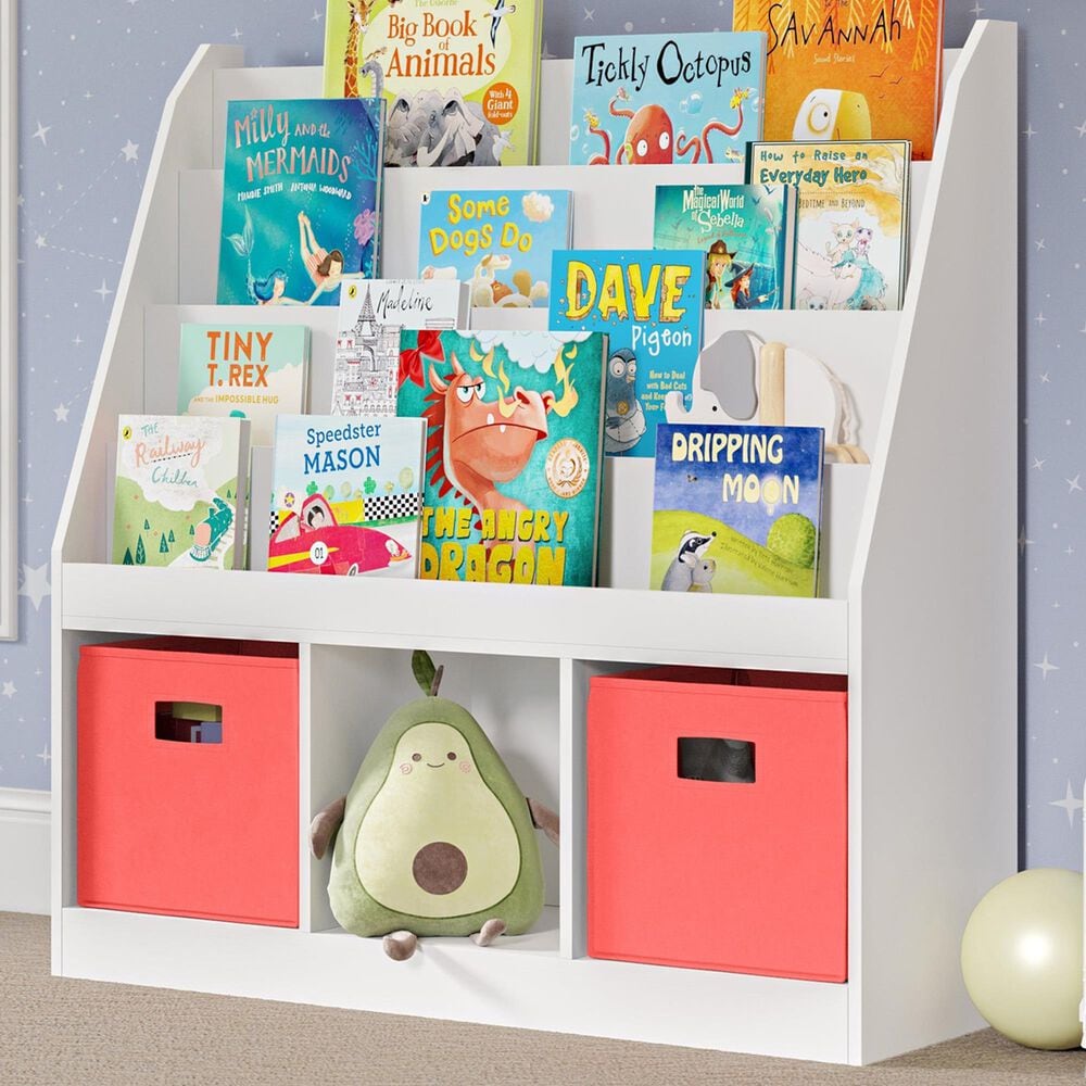 RiverRidge Home 3-Cubby Kid Book Rack with 2-Coral Bin in White, , large