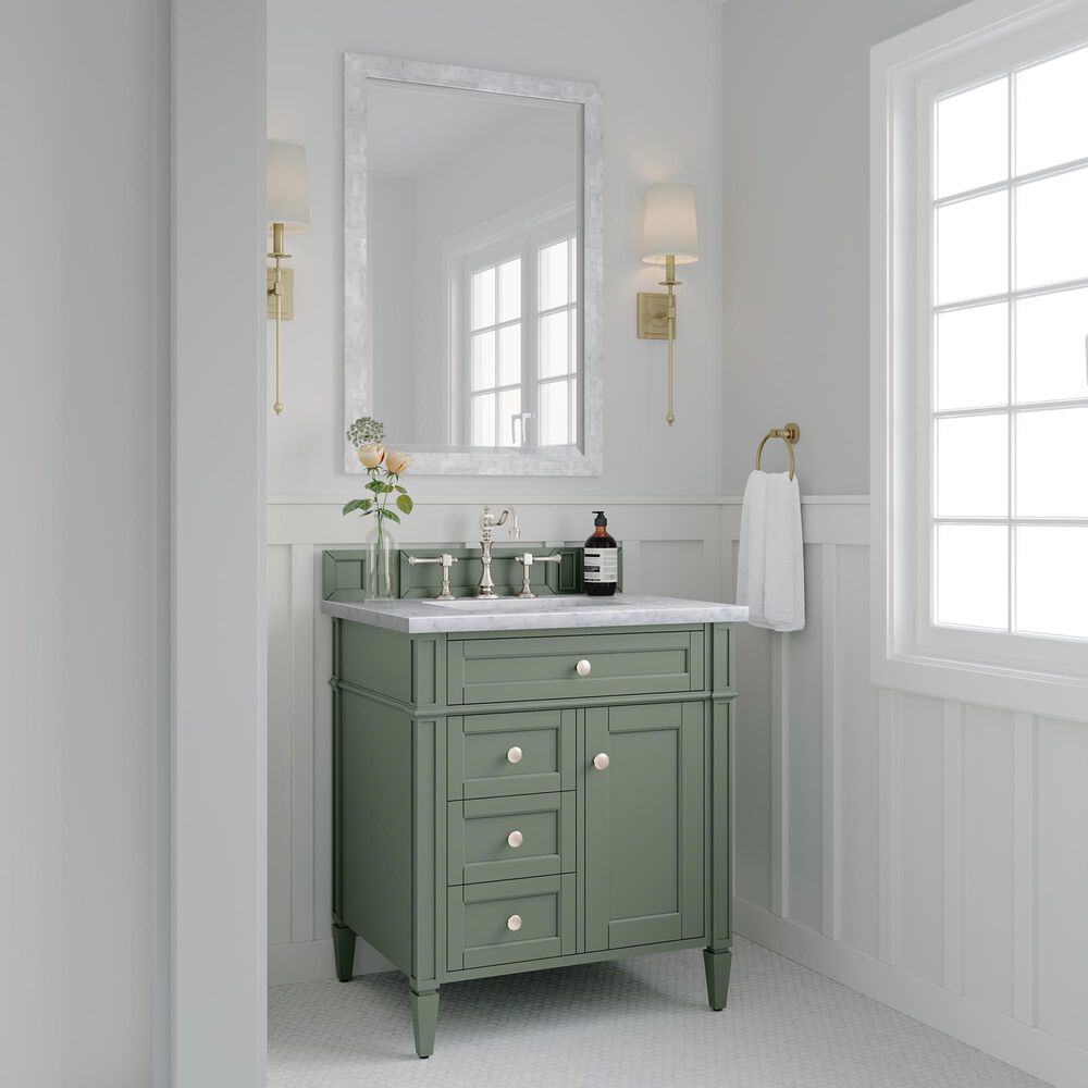 James Martin Vanities Brittany 30&quot; Single Bathroom Vanity in Smokey Celadon with 3 cm Carrara White Marble Top and Rectangular Sink, , large