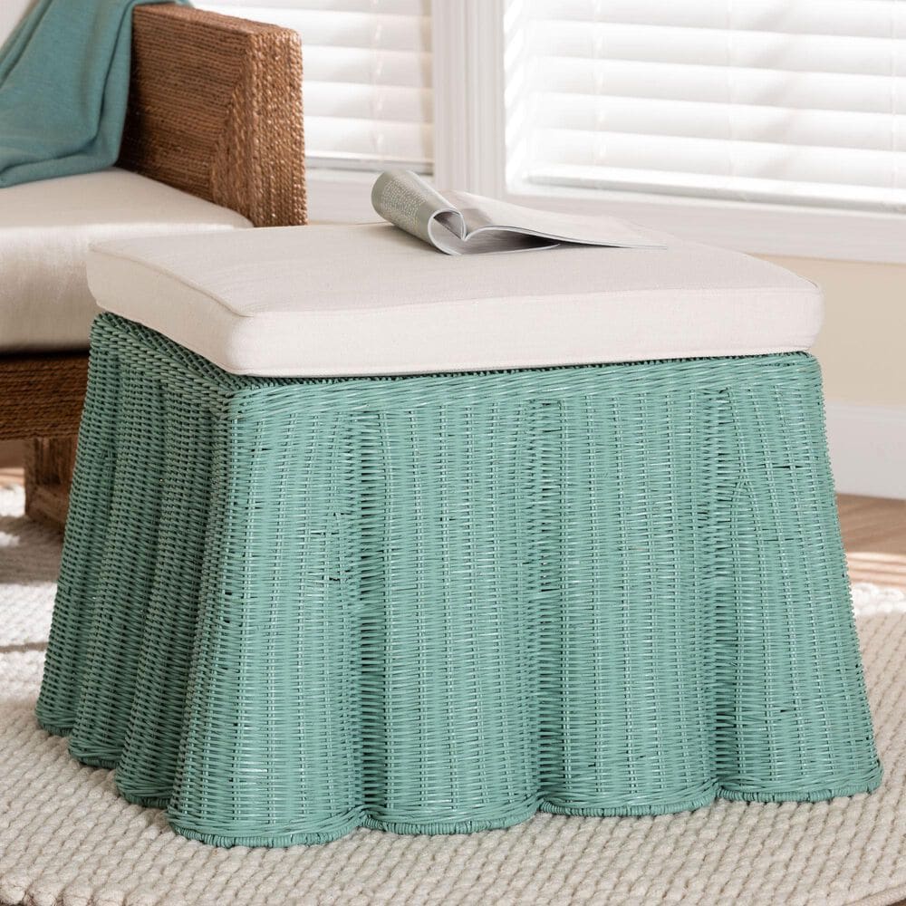 Baxton Studio Palm 27" Square Ottoman with Seafoam Green Rattan in White, , large