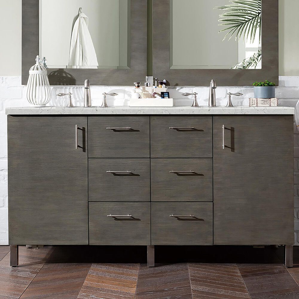 James Martin Vanities Metropolitan 60&quot; Double Bathroom Vanity in Silver Oak with 3 cm Eternal Jasmine Pearl Quartz Top and Rectangular Sinks, , large