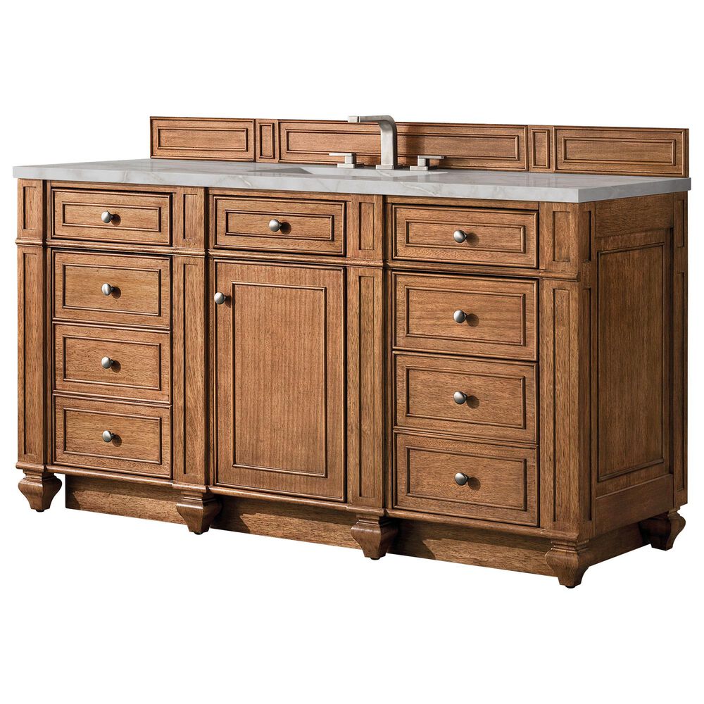 James Martin Vanities Bristol 60" Single Bathroom Vanity in Saddle Brown with 3 cm Eternal Jasmine Pearl Silestone Top, Rectangular Sink and FreePower Wireless Charger, , large