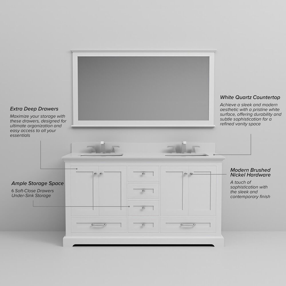 Lexora Home Dukes 60&quot; Double Bathroom Vanity in White with 2 cm White Quartz Top and Rectangular Sinks, , large