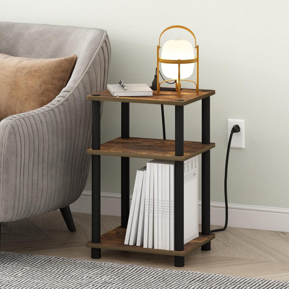 HOMLUX 3-Tier Turn-N-Tube End Table with Charging Station in Amber Pine and Black, , large