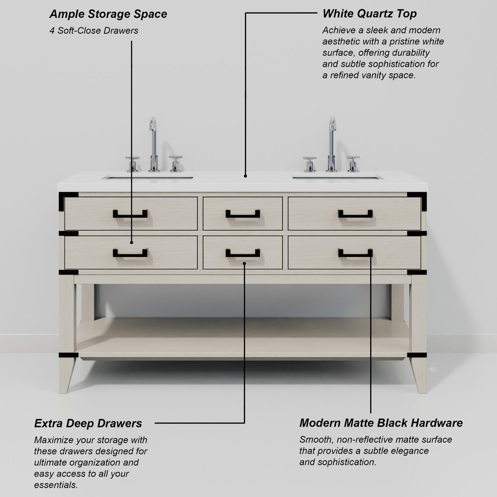 Lexora Home Norwalk 60&quot; Double Bathroom Vanity in White Oak with White Quartz Top and Rectangular Sinks, , large