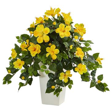 Nearly Natural Inc Hibiscus Artificial Plant with Tower Planter in Yellow and Green, , large