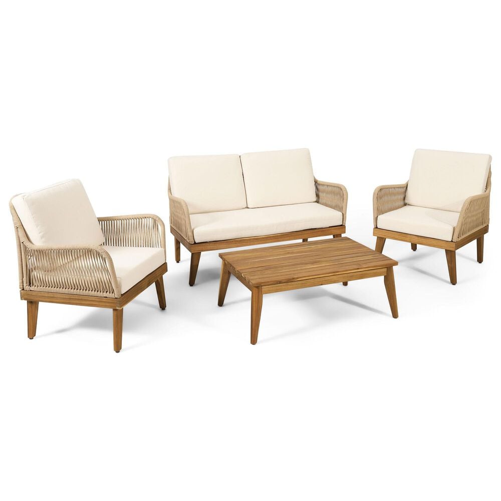 Hearth and Haven 4-Piece Outdoor Chat Set with Teak Coffee Table in Beige, , large