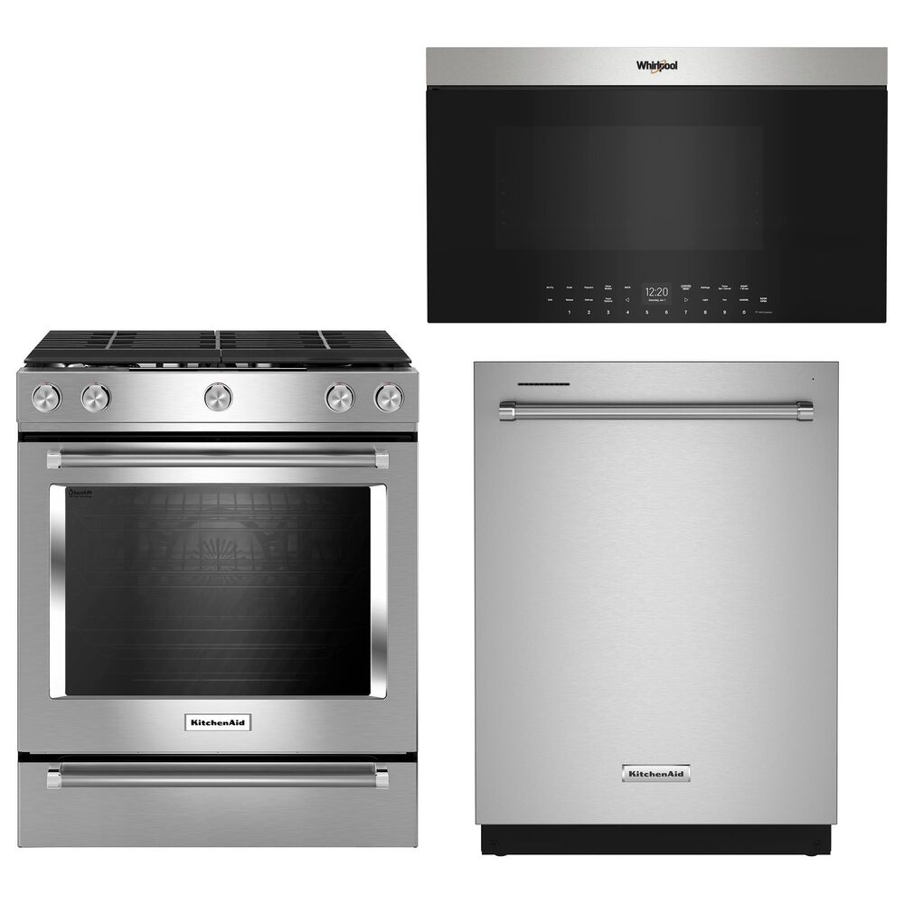 KitchenAid 3-Piece Kitchen Package with 30" Gas Slide-In Range, 24" Built-In Bar Handle Dishwasher, and 30" Over- The-Range Oven in Stainless Steel, , large