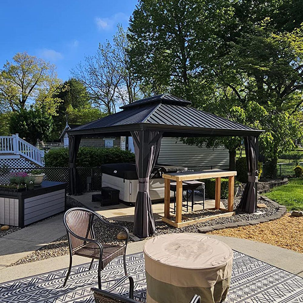 HOMLUX 16-ft x 12-ft Permanent Hardtop Gazebo Gray Gazebo with Hardtop Roof (Screen Included), , large