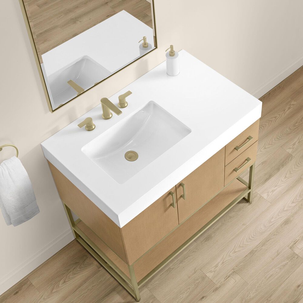 37B Mauri 36" Single Bathroom Vanity with Metal Base in Warm Oak with High-Profile 4" White Composite Stone Top, , large