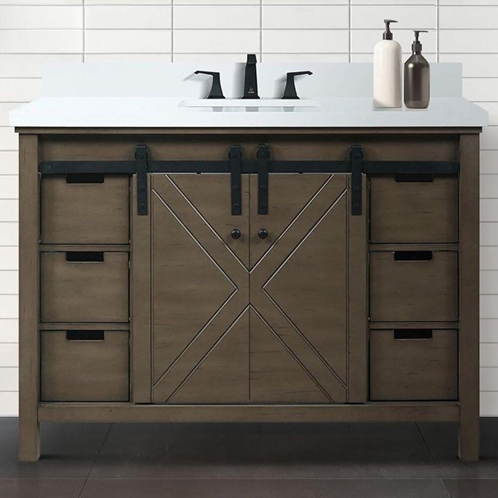 Lexora Home Marsyas 48&quot; Single Bathroom Vanity in Rustic Brown with White Cultured Marble Top and and Rectangular Sink, , large