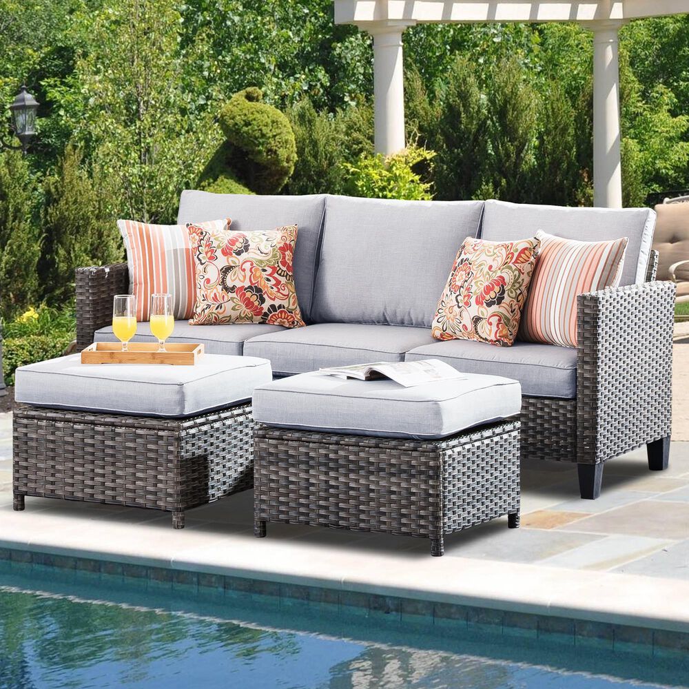 HOMLUX 3-Piece 77" Patio Sofa and Ottoman Set in Grey, , large