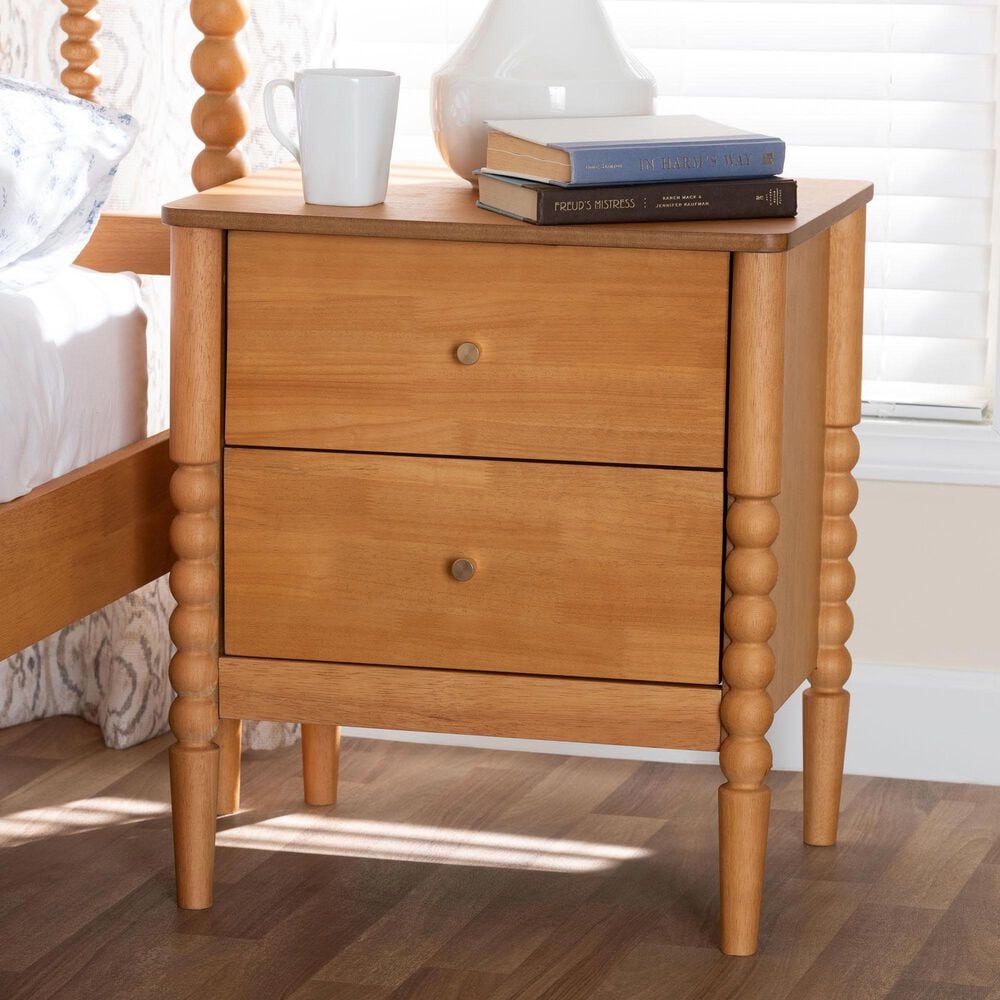Baxton Studio Lucera 2-Drawer Bobbin Nightstand in Oak Brown, , large