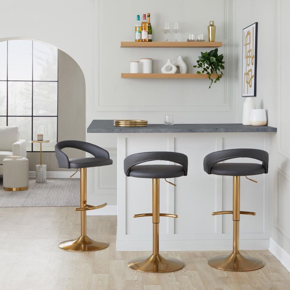 LumiSource Grotto Adjustable Bar Stool with Grey Faux Leather Upholstery in Gold (Set of 2), , large