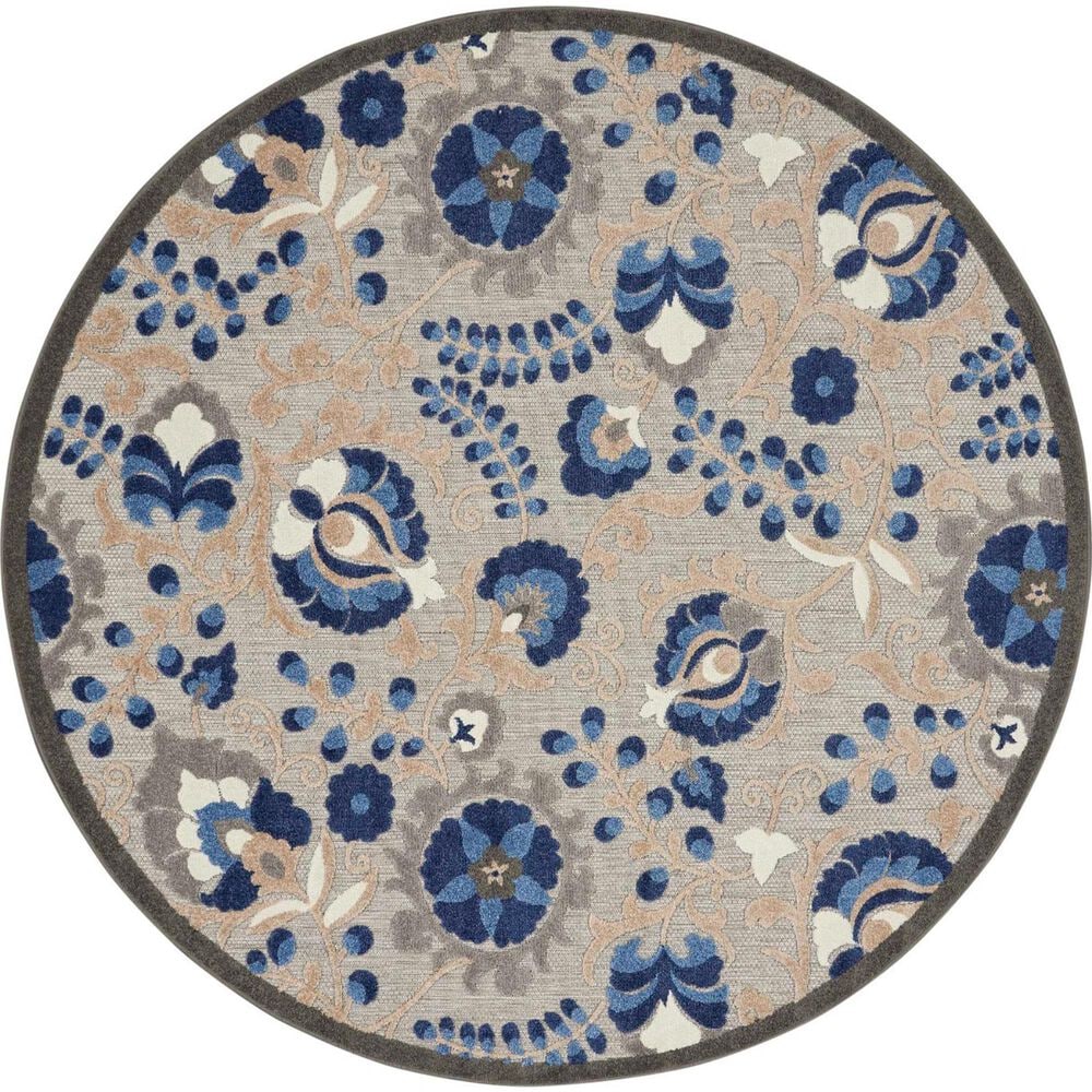 Nourison Aloha 7"10" Round Natural and Blue Indoor/Outdoor Area Rug, , large
