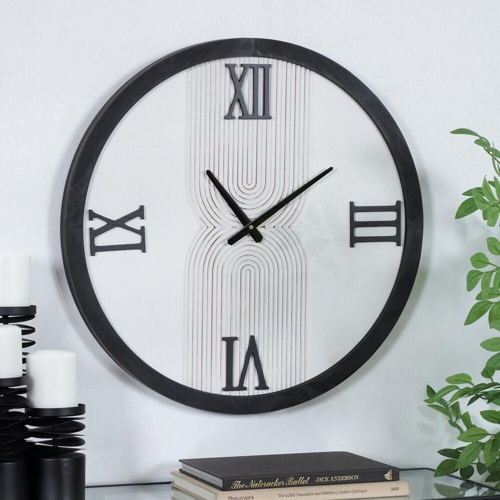 Maple and Jade Line Art Decorative Wall Clock in Oiled White and Black, , large