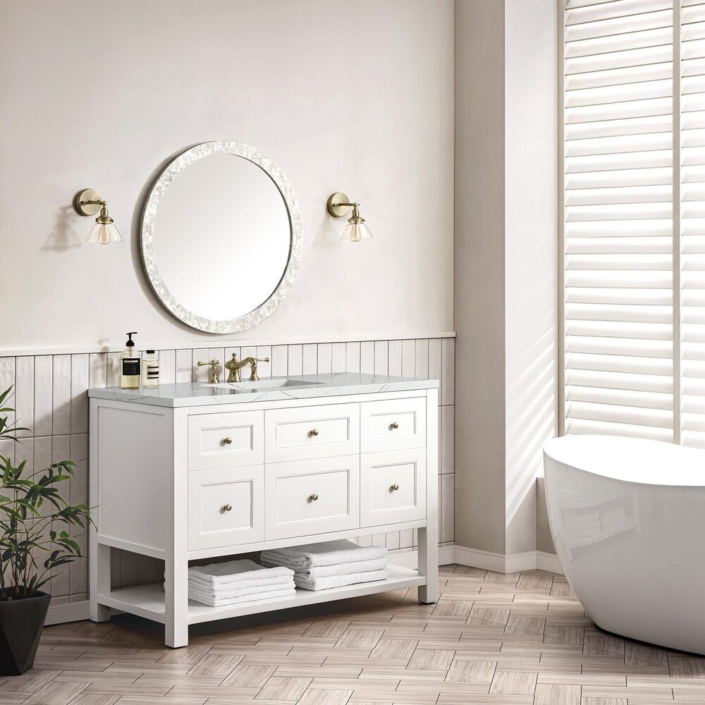 James Martin Breckenridge 48&quot; Single Bathroom Vanity in Bright White with 3 cm Carrara White Marble Top and Rectangular Sink, , large