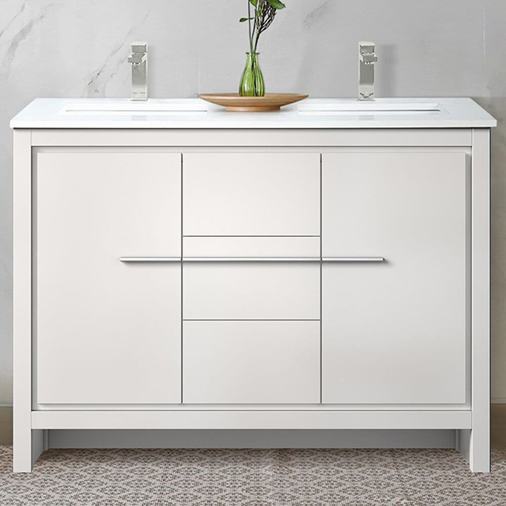 Lexora Home Lafarre 48&quot; Double Bathroom Vanity in White with 2 cm White Quartz Top and Rectangular Sinks, , large