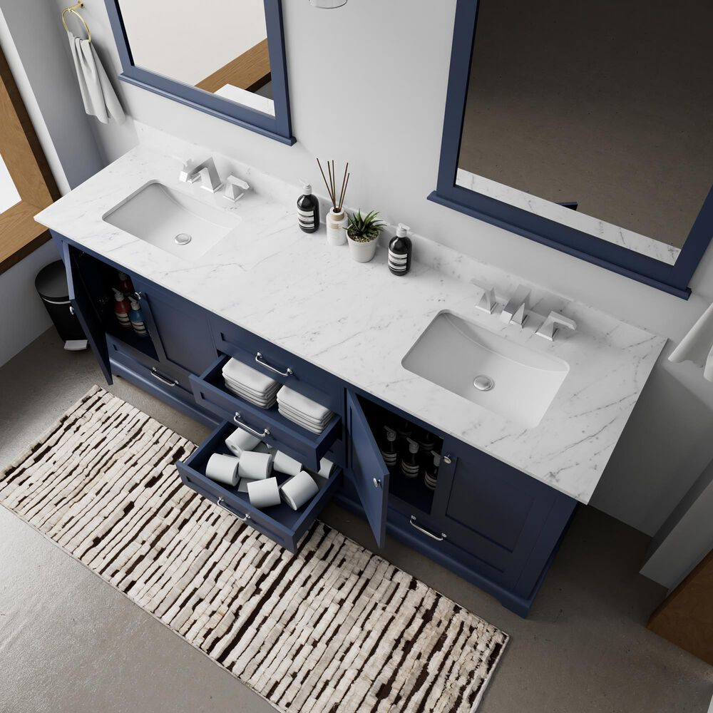 Lexora Home Dukes 80&quot; Double Bathroom Vanity in Navy Blue with 2 cm White Carrara Marble Top and Rectangular Sinks, , large