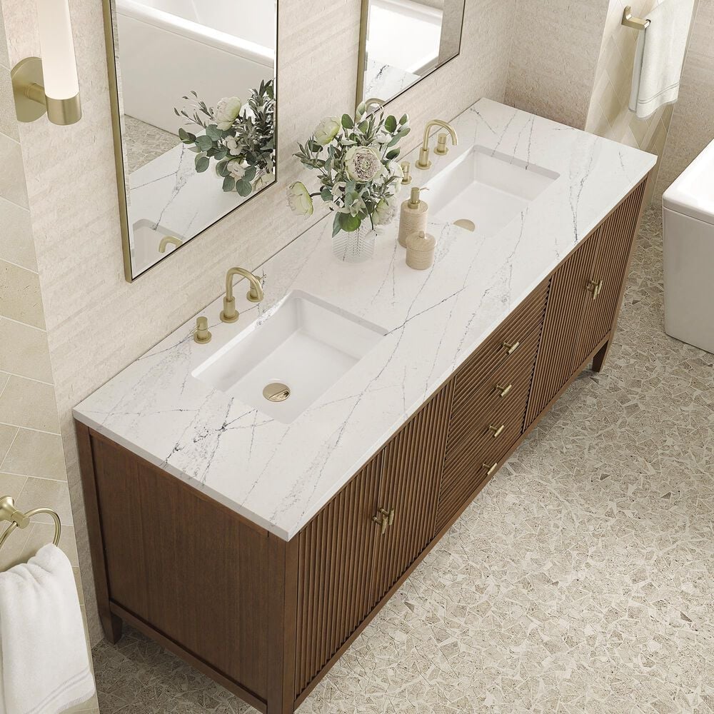 James Martin Vanities Myrrin 72&quot; Double Vanity in Mid Century Walnut with 3 cm Ethereal Noctis Quartz Top, , large
