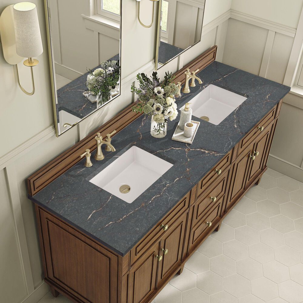 James Martin Vanities Lorelai 72"Double Vanity in Mid-Century Walnut with 3 cm Parisien Bleu Quartz Top, , large