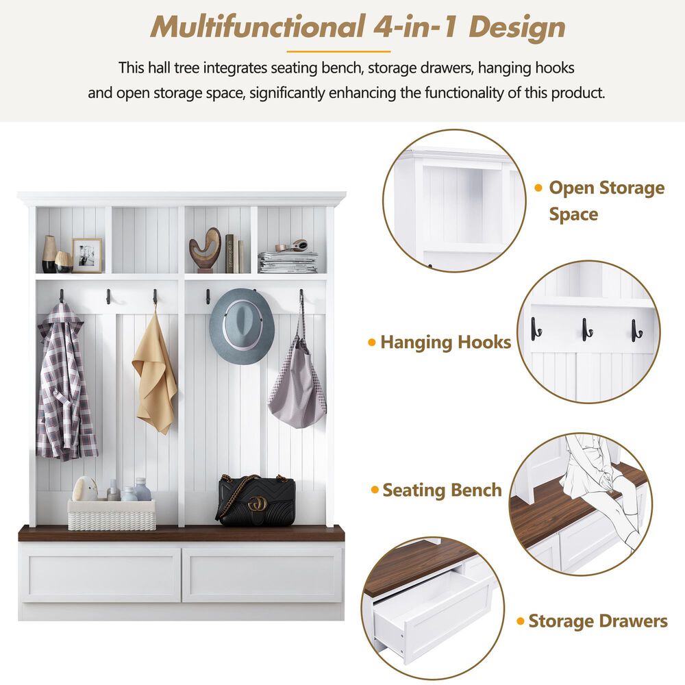 HOMLUX 6-Hook Hall Tree with Wood Grain Bench in White, , large