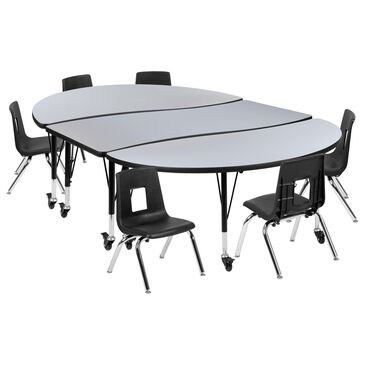 Flash Furniture Emmy Mobile 9-Piece 86" Oval Wave Activity Table Set with 12" Student Stack Chairs in Gray, Black and Chrome, , large