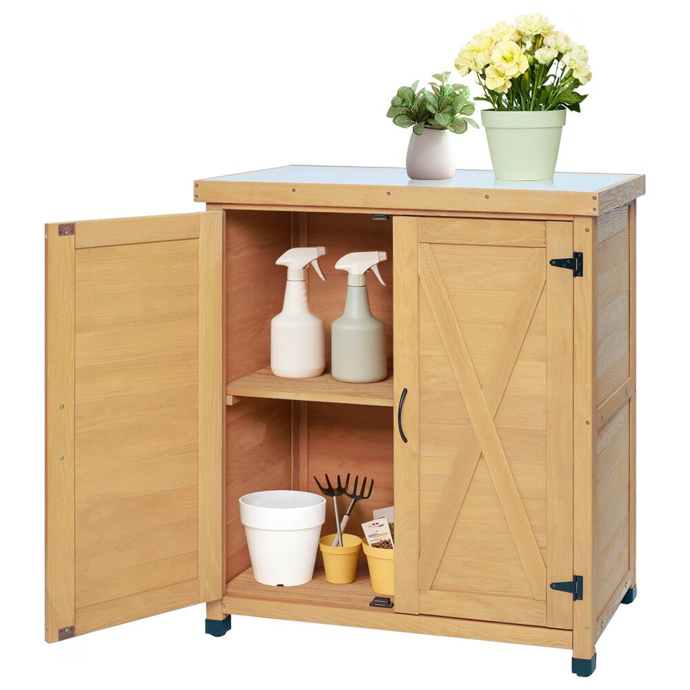 Hearth and Haven Outdoor Wooden Storage Cabinet with Metal Top and Adjustable Protective Footpad in Light Brown, , large