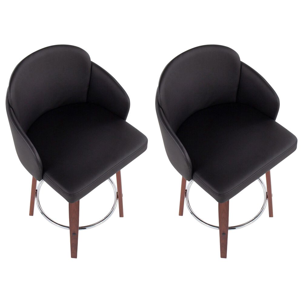 LumiSource Dahlia Swivel Counter Stool with Black Faux Leather Upholstery in Walnut and Chrome (Set of 2), , large