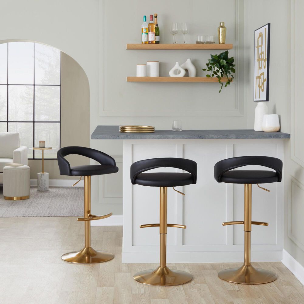 LumiSource Grotto Adjustable Bar Stool with Black Faux Leather Upholstery in Gold (Set of 2), , large