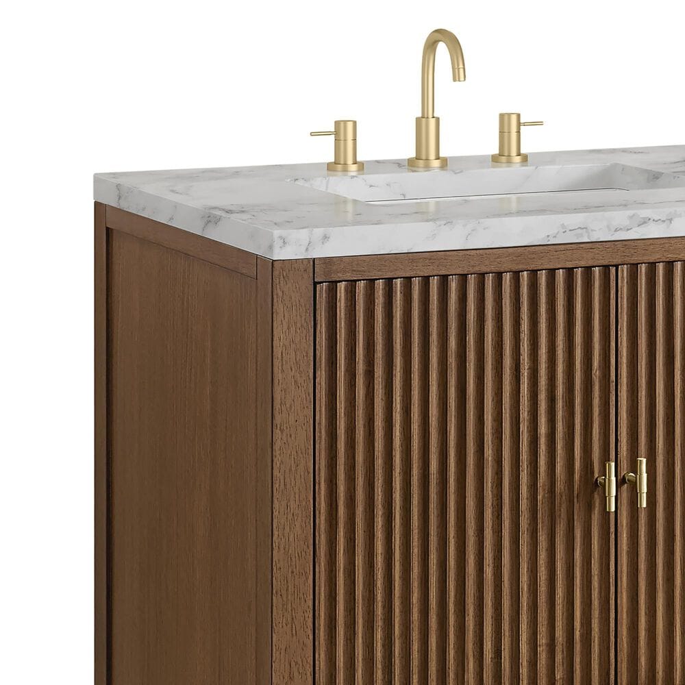 James Martin Myrrin 30" Single Bathroom Vanity in Mid-Century Walnut with 3 cm Carrara Marble Top and Rectangular Sink, , large