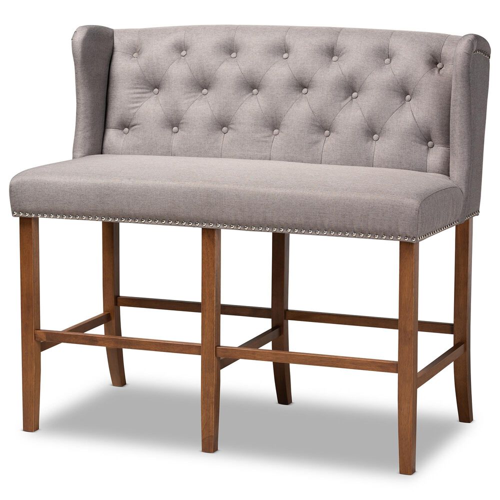 Baxton Studio Alira Bar Stool Bench with Grey Cushion in Walnut, , large