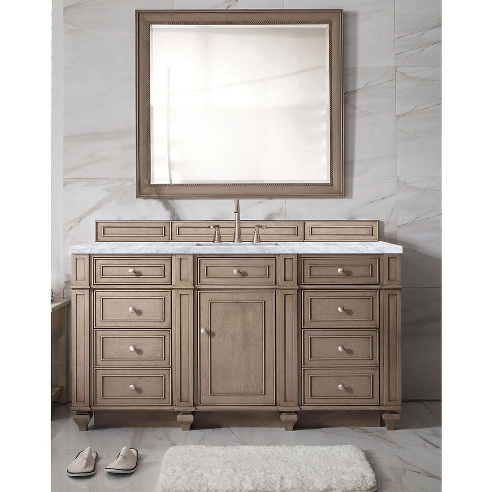 James Martin Vanities Bristol 60&quot; Single Bathroom Vanity in Whitewashed Walnut with 3 cm Carrara White Marble Top and Rectangular Sink, , large