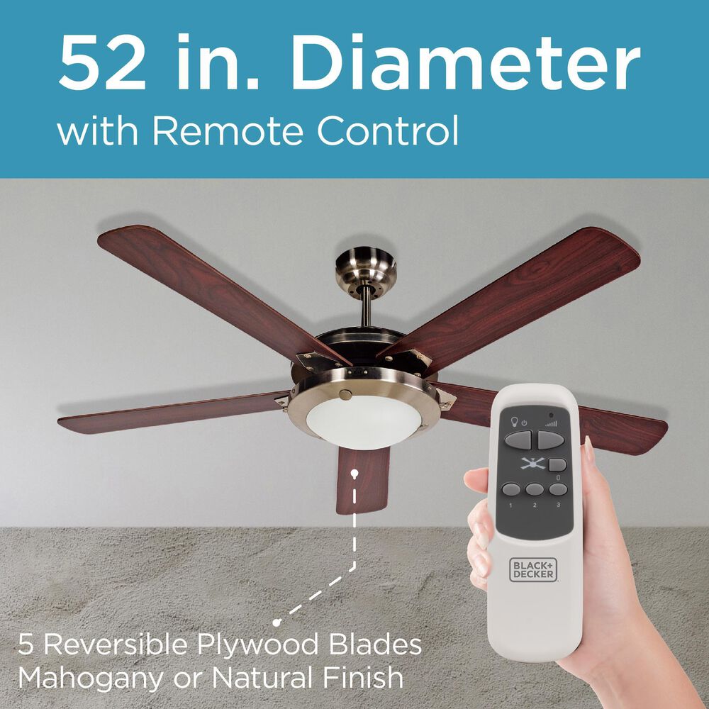 Black+Decker 52&quot; 5-Blade Retractable Blades Ceiling Fan with Light and Remote Control in Brushed Nickle and Mahogany, , large