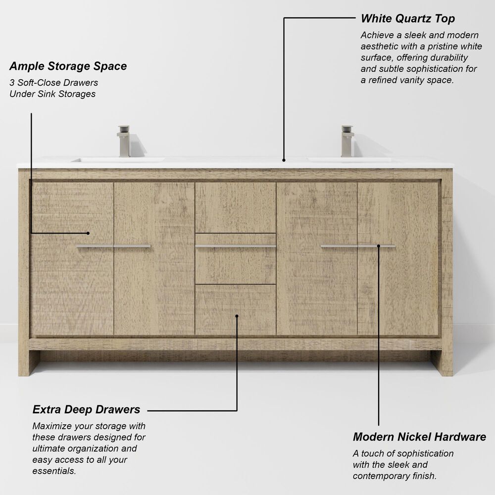 Lexora Home Lafarre 72" Double Bathroom Vanity in Rustic Acacia with 2 cm White Quartz Top and Rectangular Sinks, , large