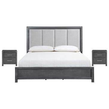 New Heritage Design Odessa King Upholstered Bed with Two Nightstands in Charcoal and Silver, , large