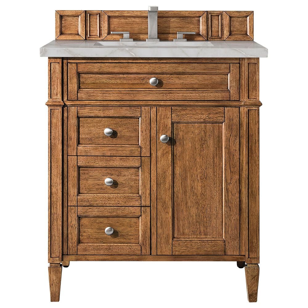 James Martin Vanities Brittany 30" Single Bathroom Vanity in Saddle Brown with 3 cm Victorian Silver Quartz Top and Rectangular Sink, , large