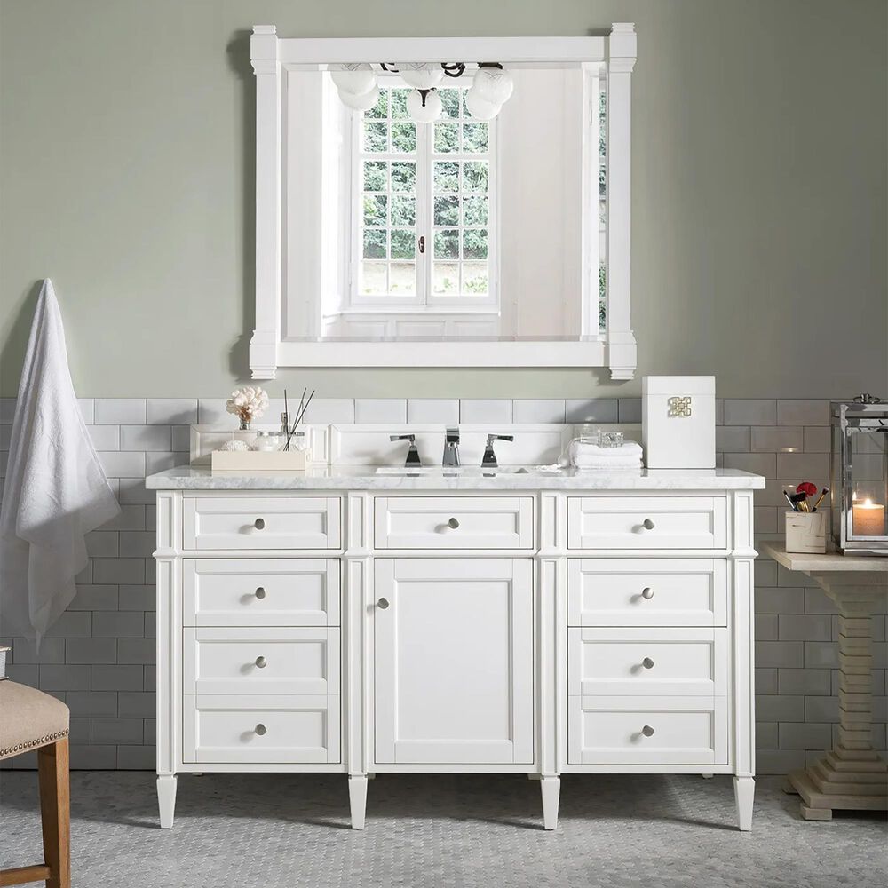 James Martin Vanities Brittany 60&quot; Single Bathroom Vanity in Bright White with 3 cm Arctic Fall Solid Surface Top and Rectangular Sink, , large
