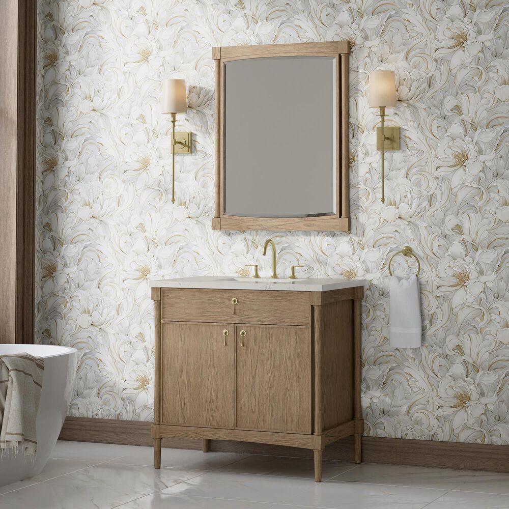 James Martin Kinnsden 36" Single Bathroom Vanity in Weathered Oak with 3 cm Siberian Silestone Top and Rectangular Sink, , large
