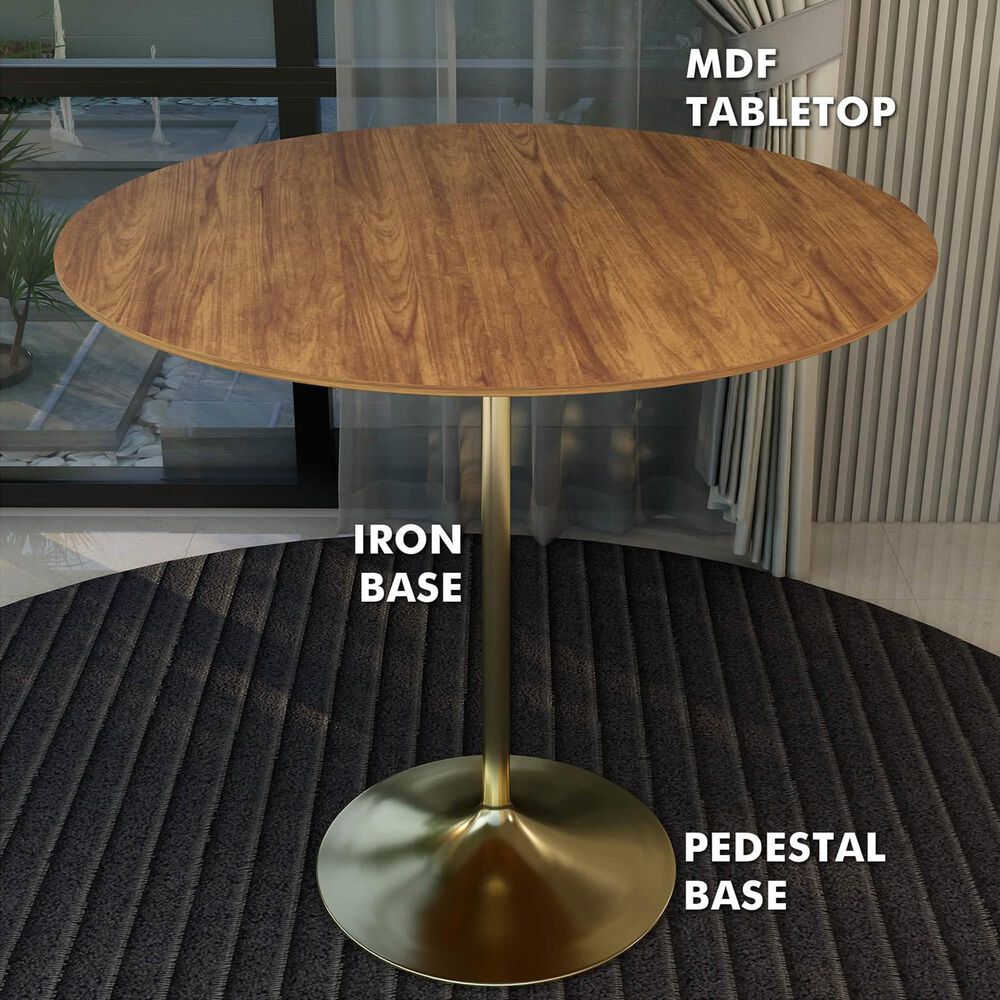 Leisuremod LeisureMod Verve Collection Modern Bar Height Table Brushed Gold Base with 48 Round Cognac Brown MDF Top, , large