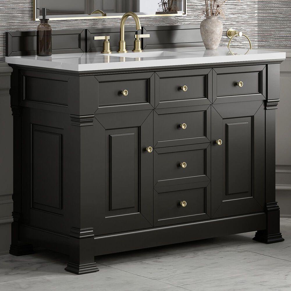 James Martin Vanities Brookfield 48" Single Bathroom Vanity in Black Onyx with 3 cm White Zeus Quartz Top and Rectangular Sink, , large