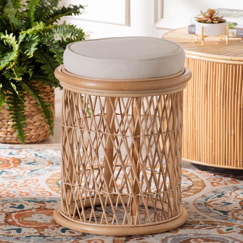 bali &amp; pari Junius Ottoman Footstool with Natural Rattan in White, , large