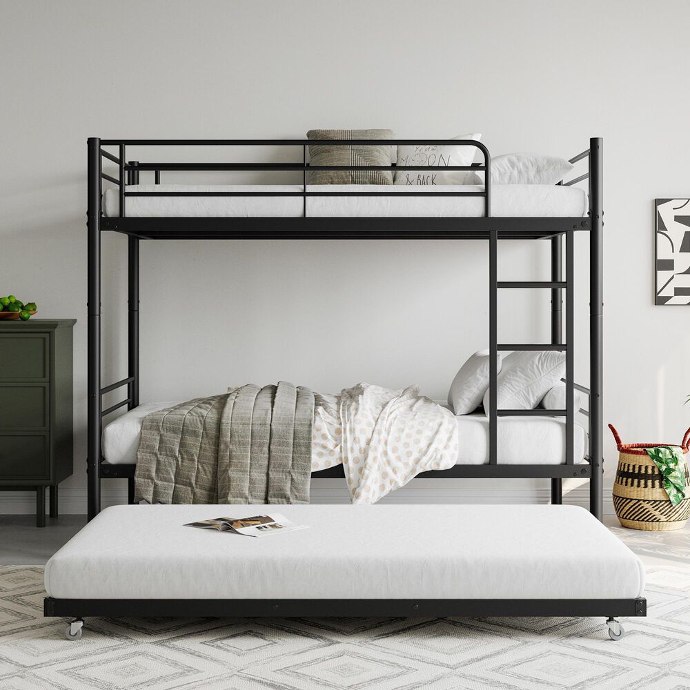 Hearth and Haven Twin Metal Bunk Bed with Trundle Ladder and Full-Length Guardrail in Black, , large