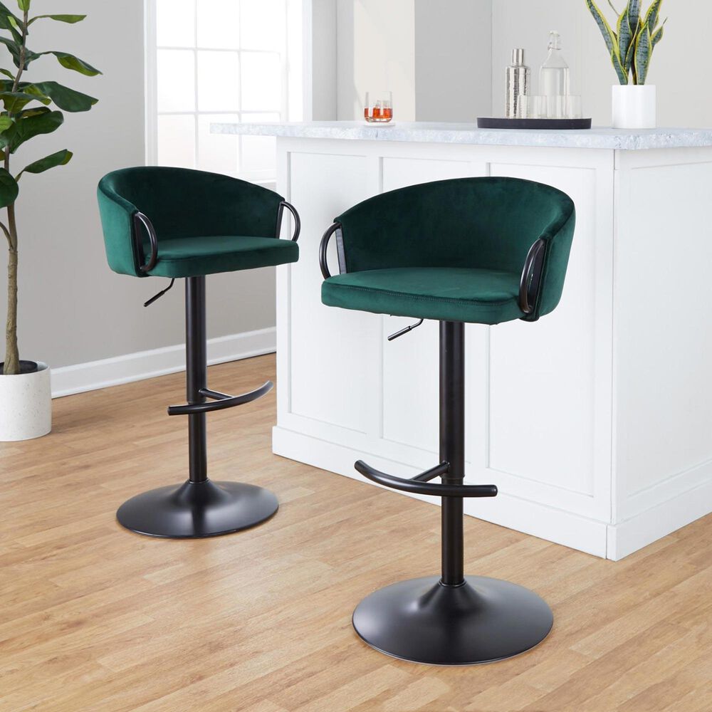 LumiSource Claire Swivel Adjustable Barstool with Green Velvet Upholstery in Black (Set of 2), , large