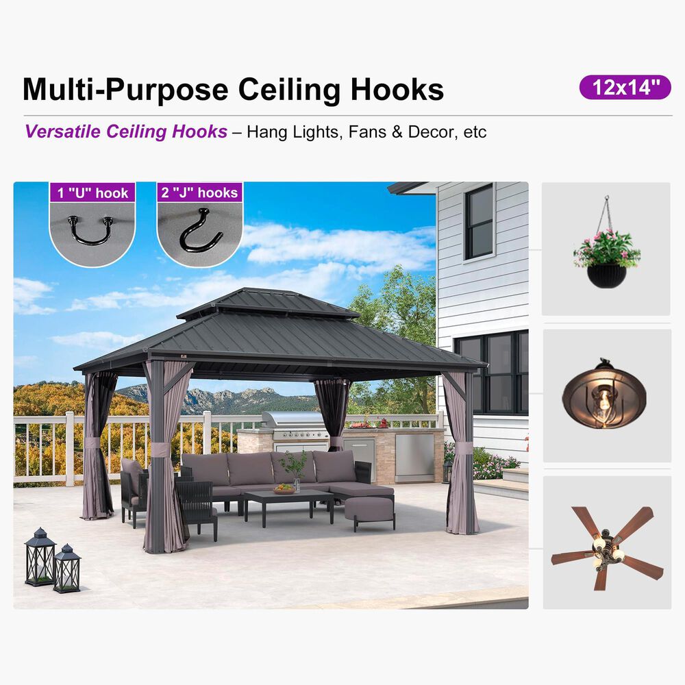 HOMLUX 12' x 14' Outdoor Hardtop Gazebo with Galvanized Steel Roof, Netting, and Curtains, Gray, , large