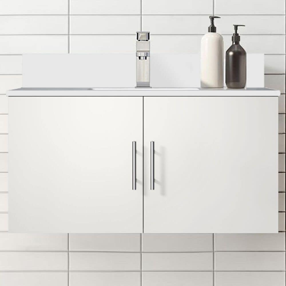 Lexora Home Geneva 36&quot; Single Bathroom Vanity in Glossy White with 2 cm White Cultured Marble Top and Rectangular Sink, , large