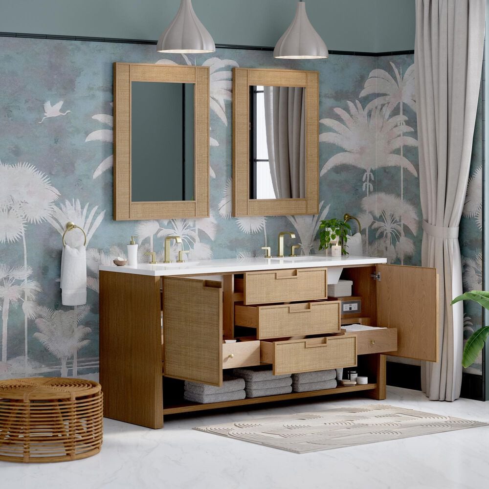 James Martin Vanities Solene 72&quot; Double Bathroom Vanity in Seaside Oak with 3 cm White Zeus Quartz Top and Rectangular Sinks, , large