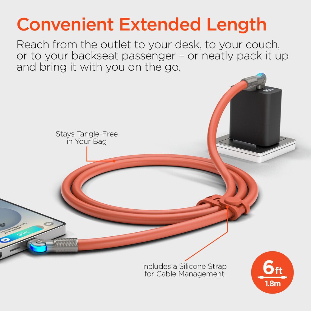 Hypercel Chunky 180 Degrees 6' USB-C to USB-C Cable in Orange, , large
