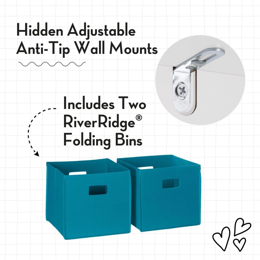 RiverRidge Home Kids Curve Appeal 23" 4-Cubby Bookcase with 2 Navy Bins in White, , large